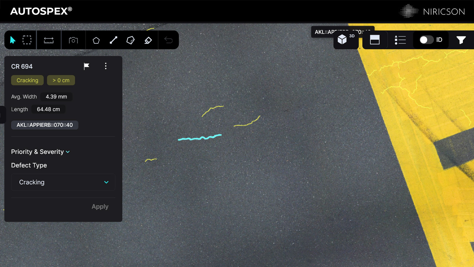 AUTOSPEX defect map showing pavement distress locations